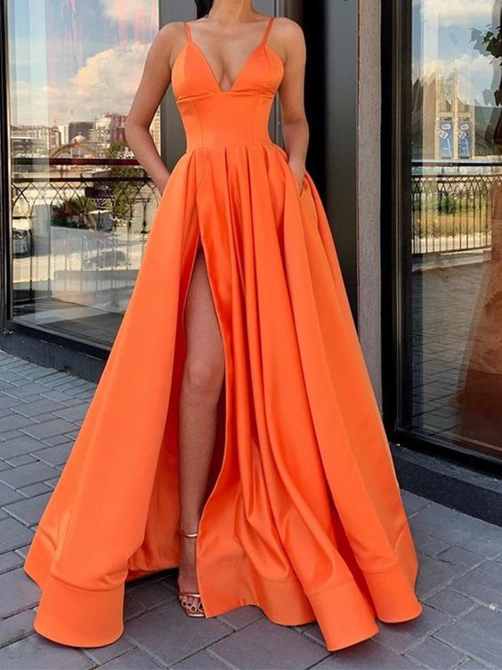 A Line V Neck Orange Long Prom Dress with Leg Slit cg5063