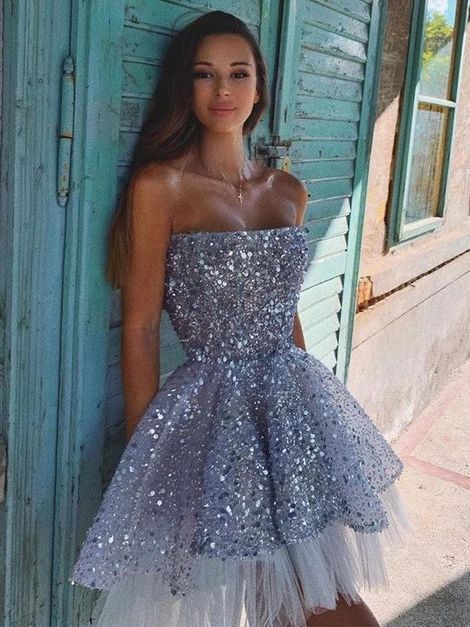 Sparkly Sequin Tulle A-line Backless Homecoming Dress  cg5088