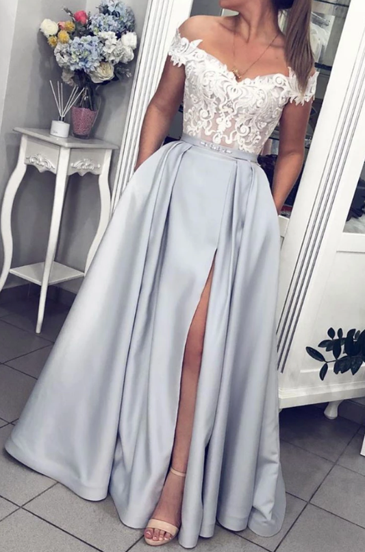 Gray lace off shoulder satin long prom dress gray lace evening dress cg5124