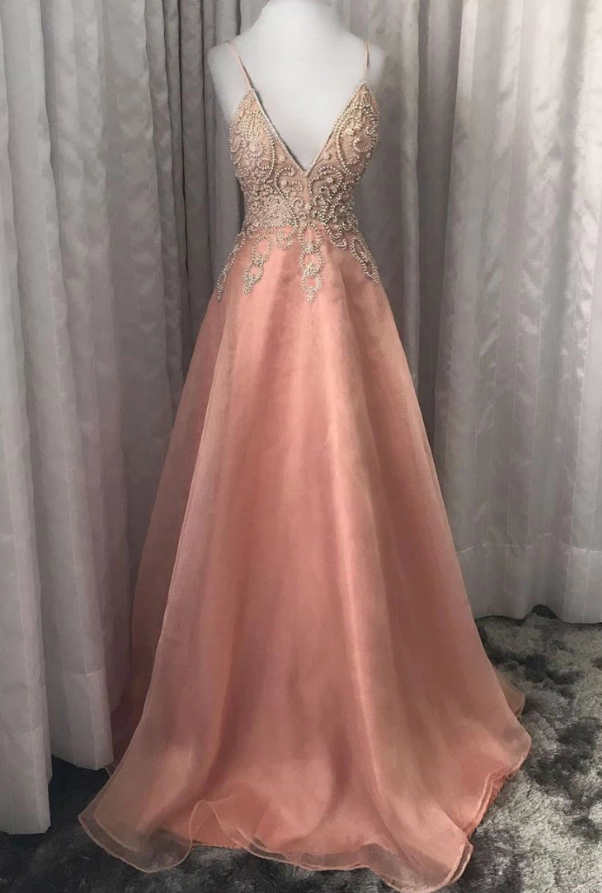 Pink v neck tulle beads long prom dress pink evening dress cg5126