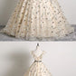 Pretty Champagne Floral Tulle V Neck Floor Length Customize Prom Dress, Formal Dress cg5134
