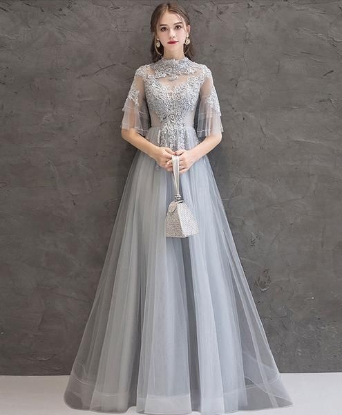 Gray lace tulle long prom dress gray tulle lace formal dress cg5153