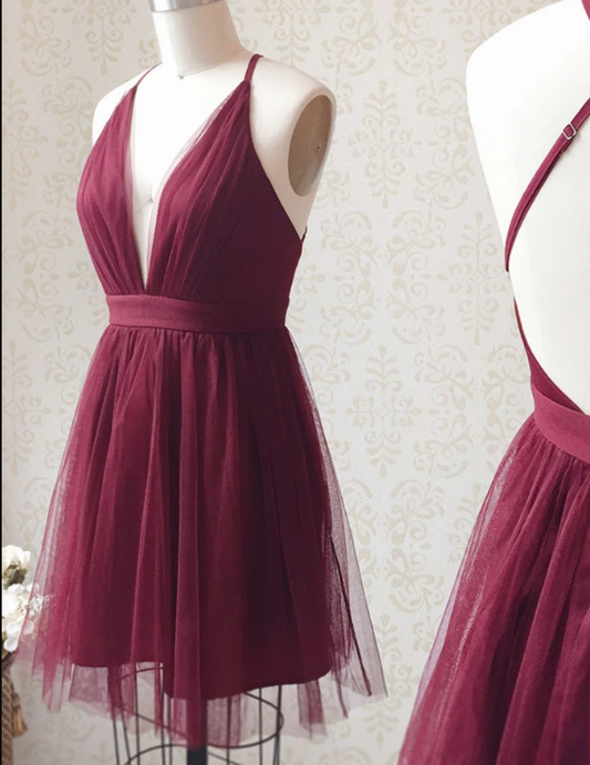 Burgundy v neck tulle short party dress burgundy homecoming dress cg5157