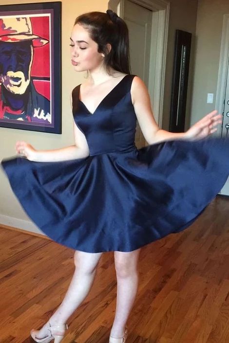 Modest Navy Blue Short Satin Homecoming Dress cg5167