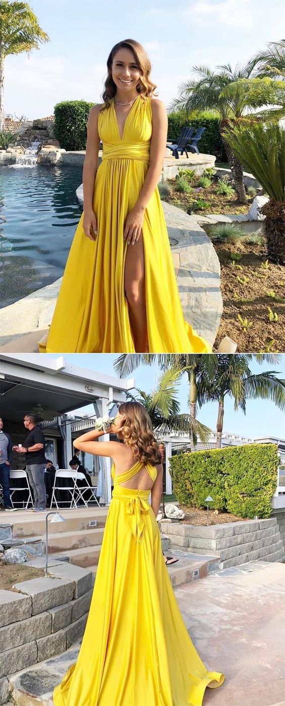 Sexy Yellow Party Dress with Slit,Backless V Neck Prom Dress cg5169