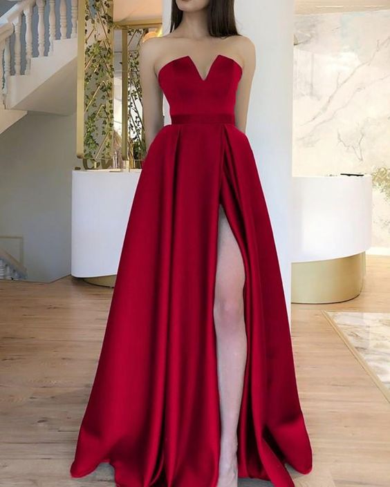 Strapless Prom Dress Floor Length Satin Evening Gown With Slit cg5174