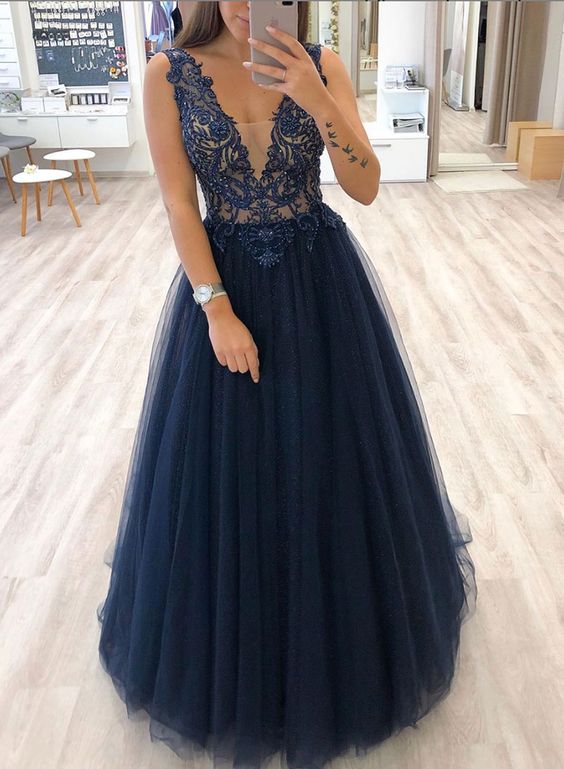 Dark blue v neck tulle beads long prom dress, evening dress cg5179