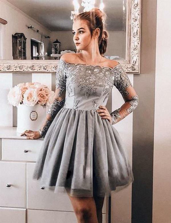 Off The Shoulder Short Homecoming Dresses Appliques Gray Cocktail Party Dresses  cg518