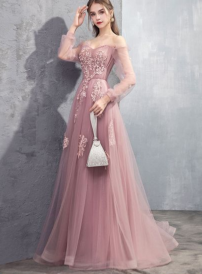 pink tulle lace long A line prom dress, pink evening dress, cheap dress cg5180