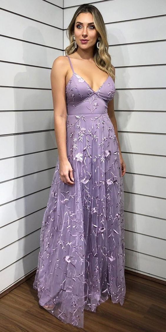 Expuisite Lace Purple V Neck Long Floor Length Prom Evening Dress cg5194