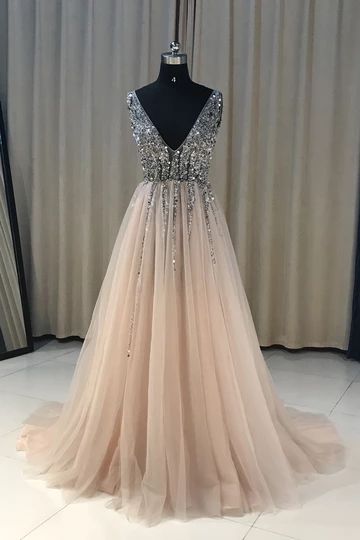 V-Neck Sequined Bodice Tulle Prom Dresses with Slit cg5227