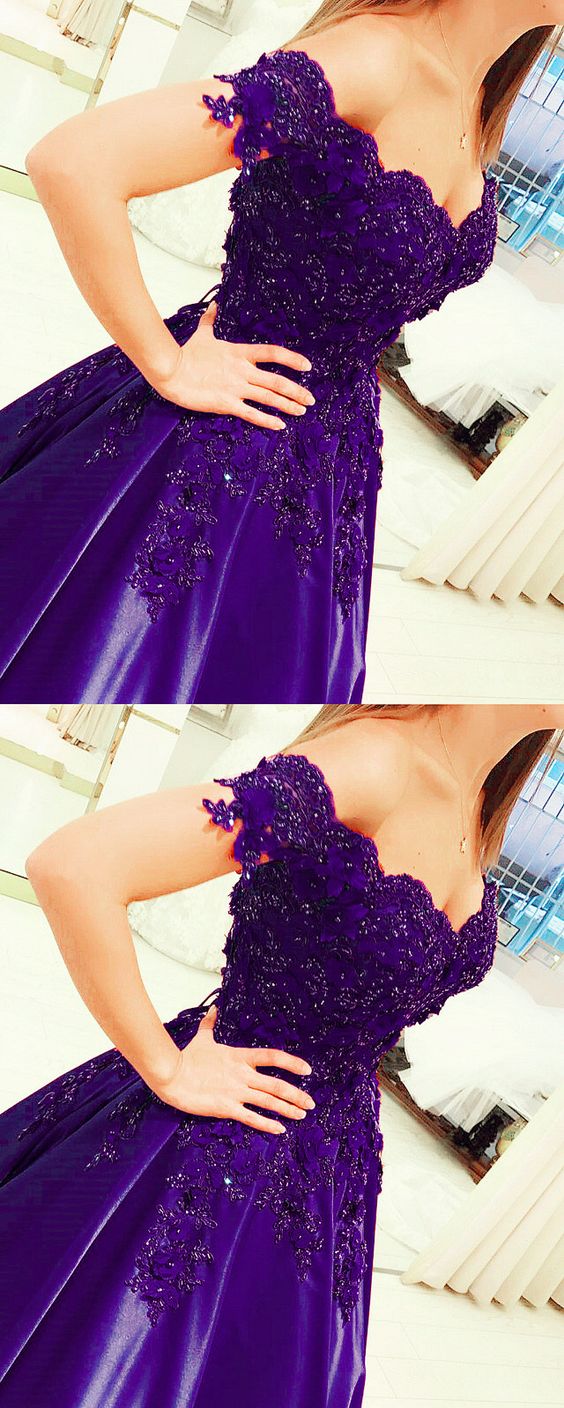purple ball gown prom dresses elegant lace off shoulder satin gown cg5232