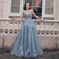 blue v neck tulle lace long prom dress, blue evening dress cg5246