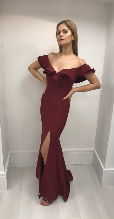 Mermaid Off-the-Shoulder, Burgundy Prom Dress, with Split Ruffles, Long Prom Dress With flouncing ,Evening Gowns cg5250