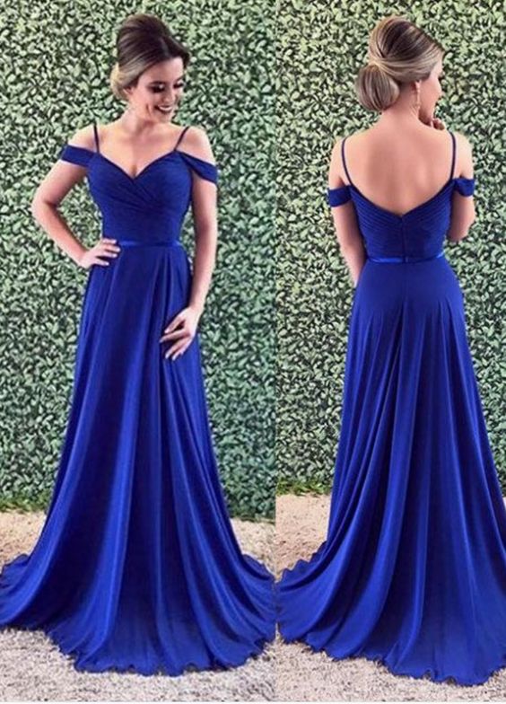Simple blue v neck long prom dress cg5257