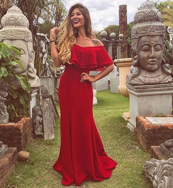 Off the Shoulder Red Chiffon Formal prom Dress cg5265