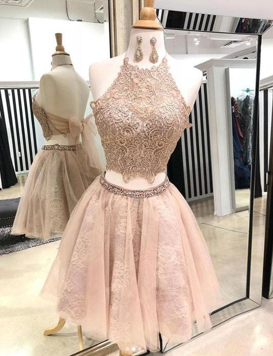 Two Pieces Halter Champagne Short Homecoming Dresses With Appliques  cg527