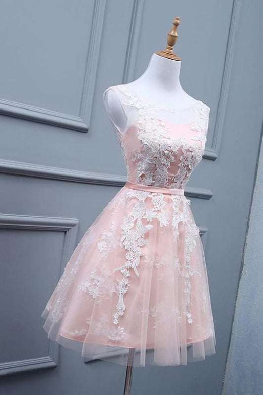 Tolles Brautkleid aus Spitze, Elfenbein, Spitzenapplikationen, Rosa, kurzes Homecoming-Kleid, cg5284