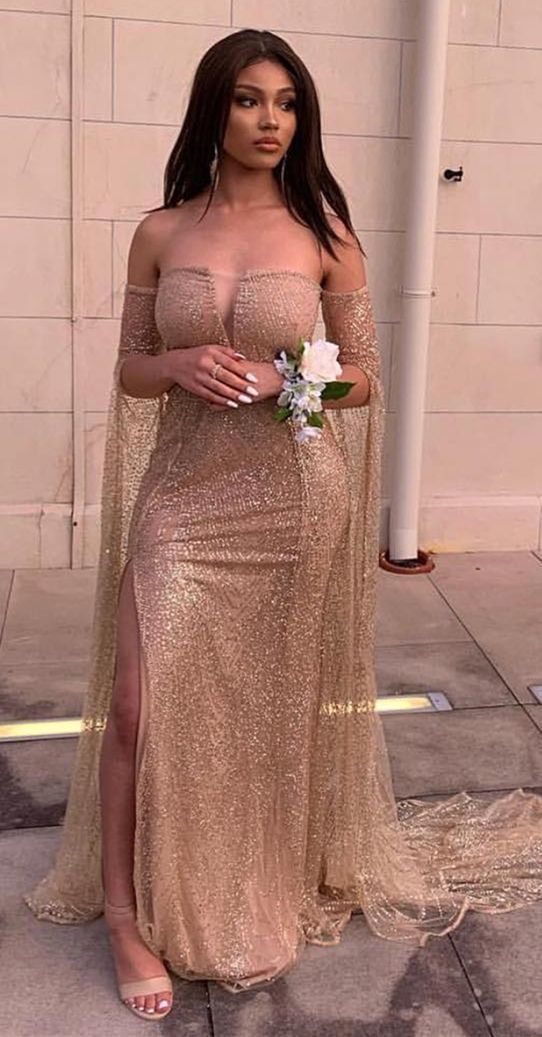 Off The Shoulder Long Sleeves Champagne Prom dress cg5285