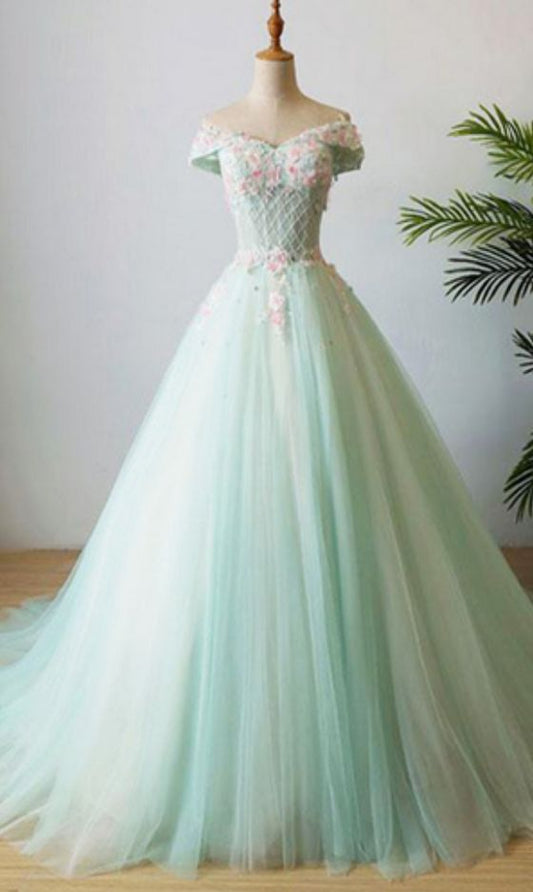 Green V Neck Tulle Beads Long Prom Dress, Tulle Evening Dress cg5292