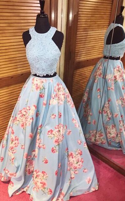 Blue Floral Print Beaded A Line Applique Two Piece Long Prom Dress cg5298