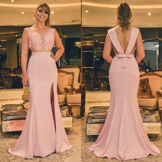 Sexy of Mermaid V Neck Spaghetti Straps Backless Pink Lace Long Prom Dresses cg5317
