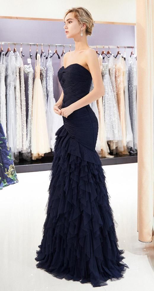 Navy Blue Mermaid Tulle Pleated Backless Cheap Sweetheart Prom Dresses cg5321