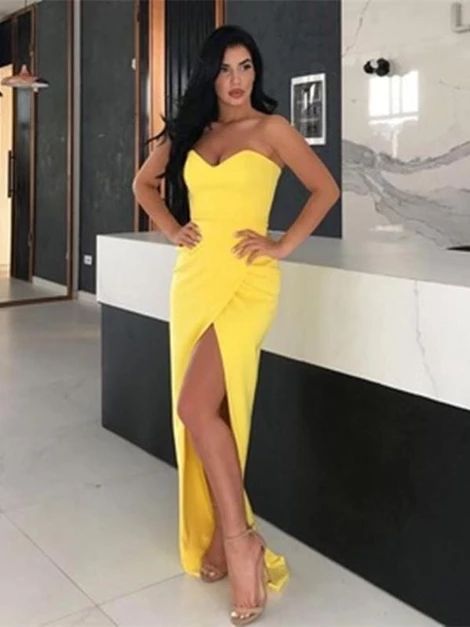 Simple Yellow Sweetheart Neck Satin Long Prom Dresses with Slit, cg5338