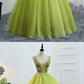 Fresh Green Tulle V Neck Long Lace Up Senior Prom Dress With Applique cg5340