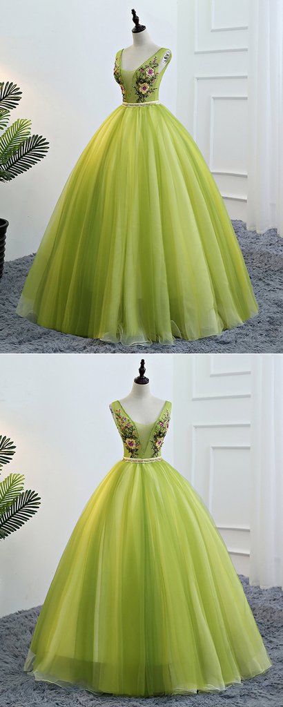 Fresh Green Tulle V Neck Long Lace Up Senior Prom Dress With Applique cg5340