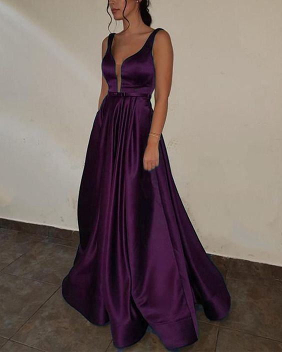 Purple Prom dress with Deep V Neck A Line Satin Formal Gown Long cg5357