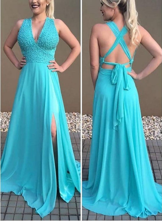 A-line Deep V neck Sleeveless Prom Dresses cg5369