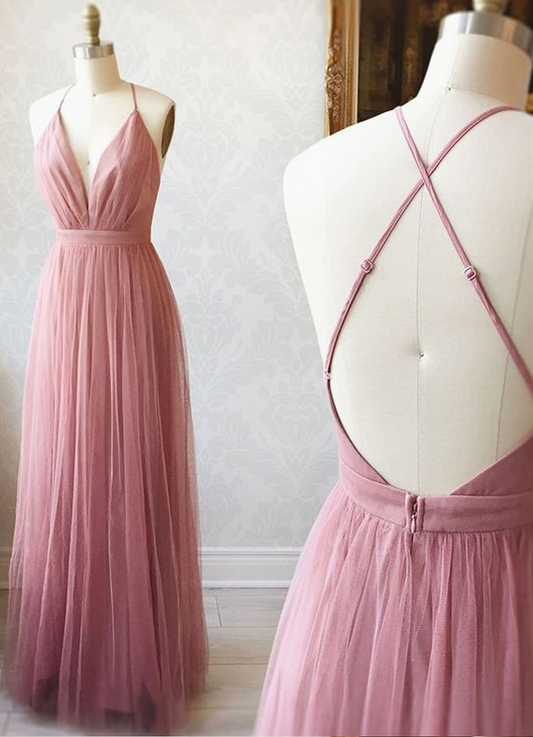A Line V Neck Pink Backless Prom Dresses, V Neck Pink Backless Formal Evening Bridesmaid Dresses cg5384