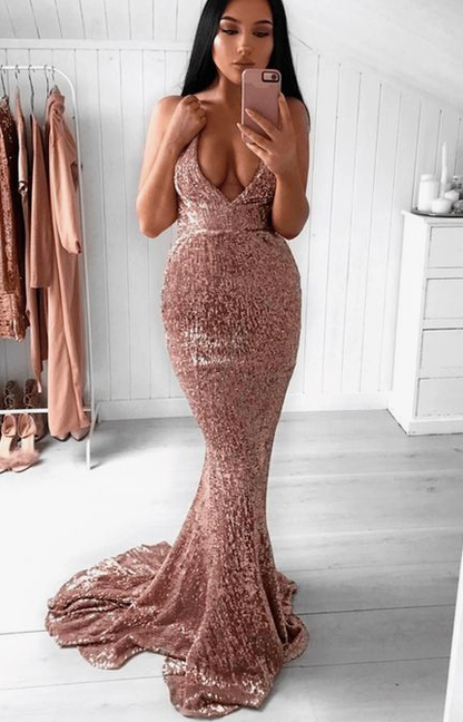 Mermaid backless prom party dresses, fashion rose pink evening gowns, chic v neck formal gowns cg5385