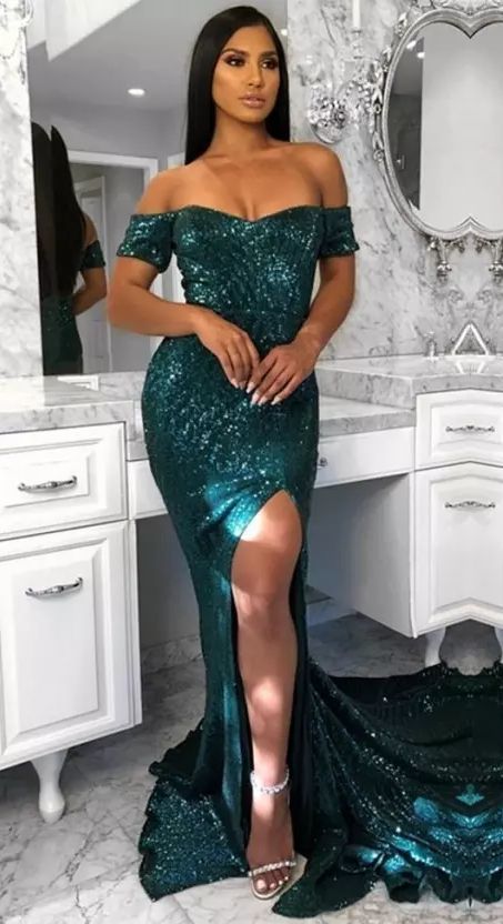 Off-Shoulder Prom Dresses Sweep Train Side Split Long Mermaid Party Dresses  cg5390