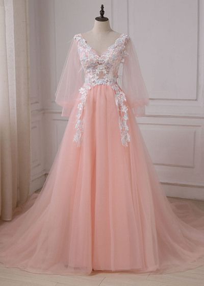 Charming Prom Dress,Tulle Prom Dress,Appliques Prom Dress,Long-Sleeves Ball Gown  cg5402