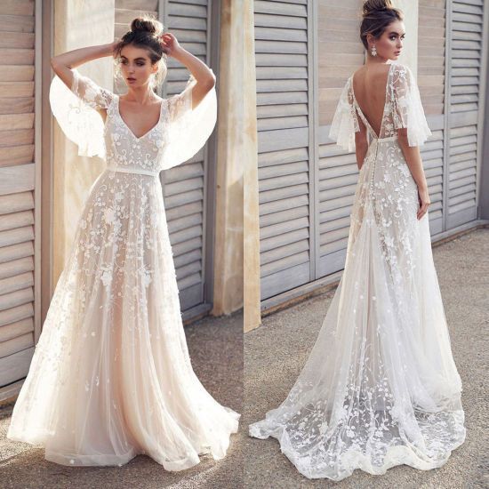 Sexy Women V Neck Short Sleeve Lace Vintage Wedding prom Gown Evening ...