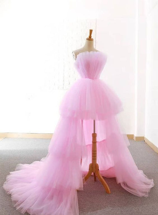 New Arrival High Low Pink Prom Dresses with Ruched Evening Dresses cg5420