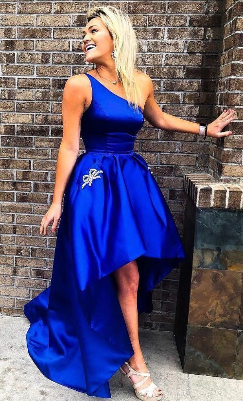 Charming One Shoulder Dark Blue Evening Party Dress, High Low Prom Dresses cg5422