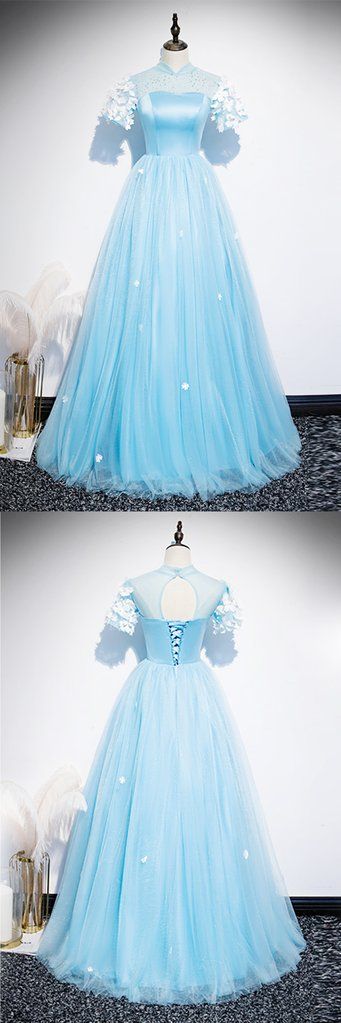 Fresh Blue Tulle Satin Short Sleeve Long Senior Prom Dress, Formal Dress cg5450
