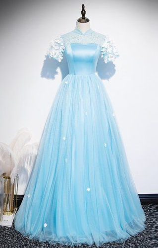 Fresh Blue Tulle Satin Short Sleeve Long Senior Prom Dress, Formal Dress cg5450