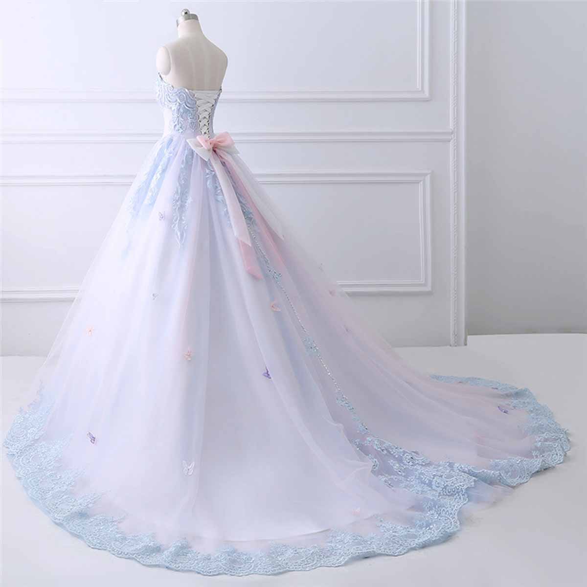 Princess light blue tulle strapless high waist long A-line evening dress, long lace formal prom dress cg5451