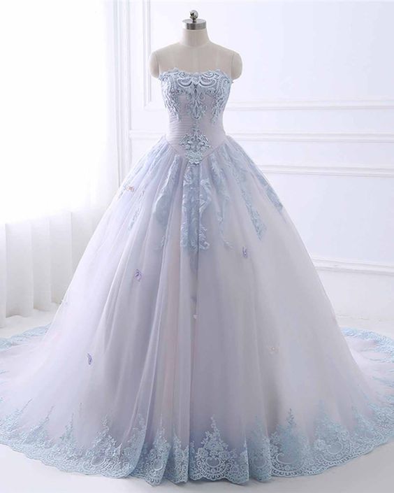 Princess light blue tulle strapless high waist long A-line evening dress, long lace formal prom dress cg5451