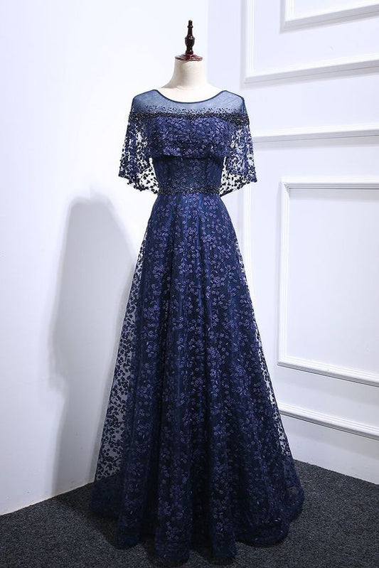 Navy Blue Floral Lace Long Beaded Prom Dress, Long Lace Up Evening Dress cg5460