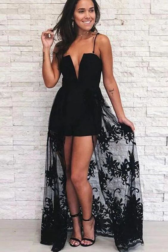 A Line Spaghetti Strap Black High Low Prom Dress With Lace cg5469