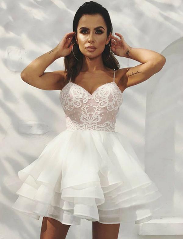 A-Line Spaghetti Straps White Organza Homecoming Cocktail Dress With Appliques  cg550