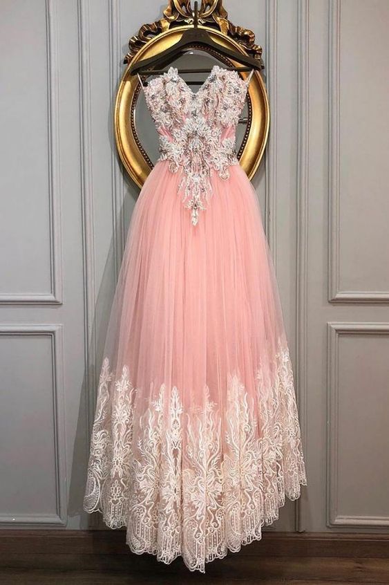 Pink sweetheart tulle lace long prom dress, pink lace evening dress cg5507