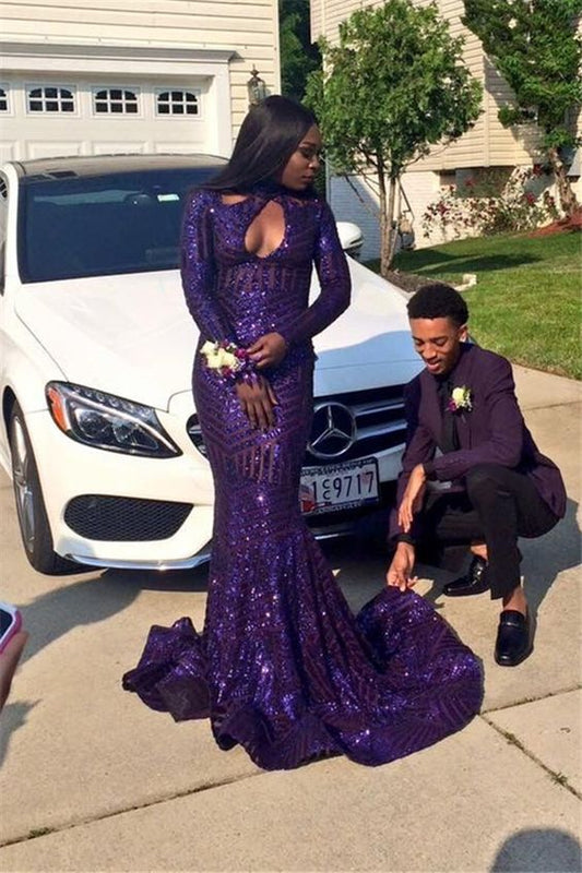 Sexy Keyhole High Neck Mermaid Purple Sequined Prom Dresses Long Sleeves Black Girl Long Evening Party Dress  cg5539
