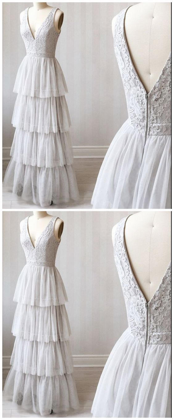A Line V Neck Gray Lace Prom Dresses, V Neck Gray Lace Formal Graduation Bridesmaid Dresses cg5567