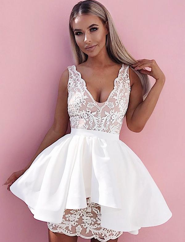A-Line Deep V-Neck White Satin Homecoming Cocktail Dress With Appliques cg558